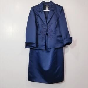 Alex Evenings Women size 12P Blue Satin Co-Ord Sets Embellished Dress and Blazer